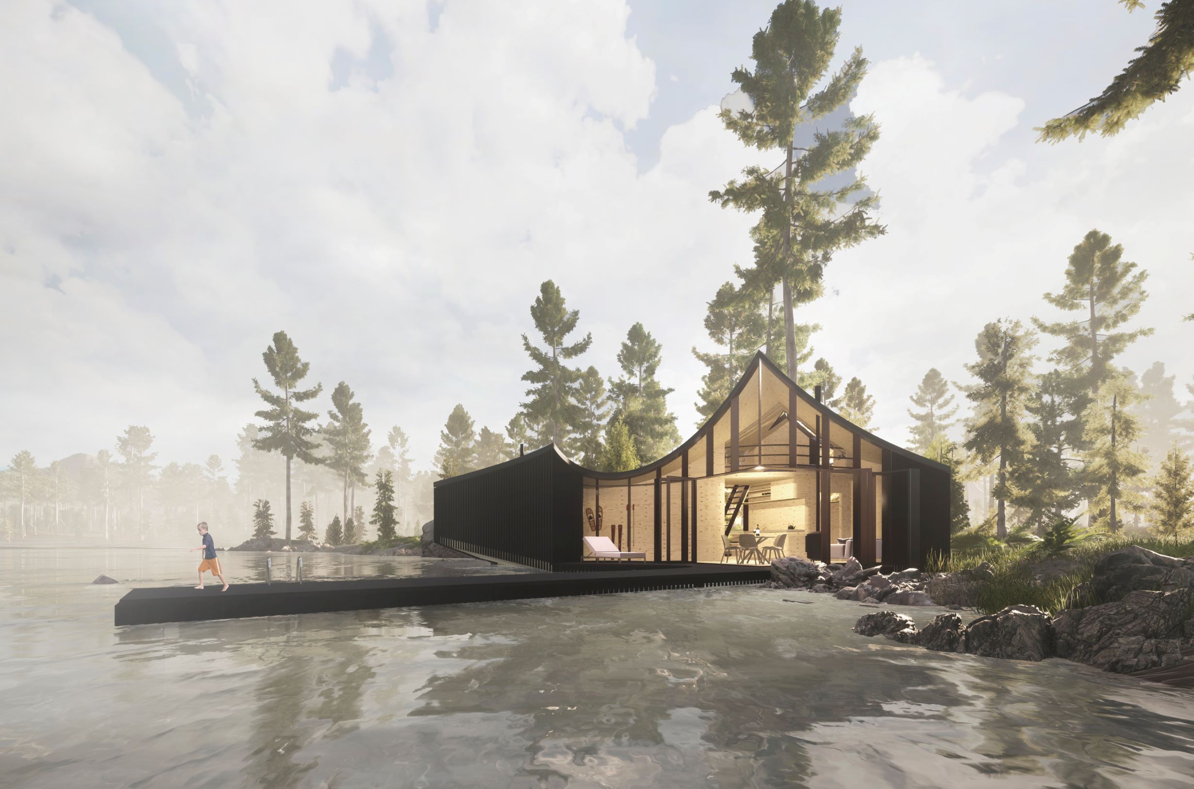 forest house built near the lake